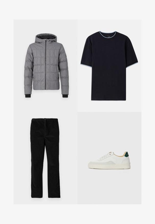 Sivi ortopedski zimski jakna s kapuljačom, prednjim zatvaračem i rebrastim manžetama. Teksture tkanine s vidljivim šavovima i kvadratnim uzorkom.; Tamno plava kratka majica s kapućinom, s okruglim izrezom, s svijetloplavim detaljima na ovratniku i rukavima. Izrađena od mekog pamučnog materijala.; Crne ravne kadarske hlače od baršuna s elastičnim pojasom i prednjim vezicom, prikazane na jednostavnoj bijeloj pozadini.; Bijele tenisice s akcentima od antilopa, zaobljenim vrhom, ravnim vezicama i krem gumenim potplatom. Imaju zelenu oznaku na peti.