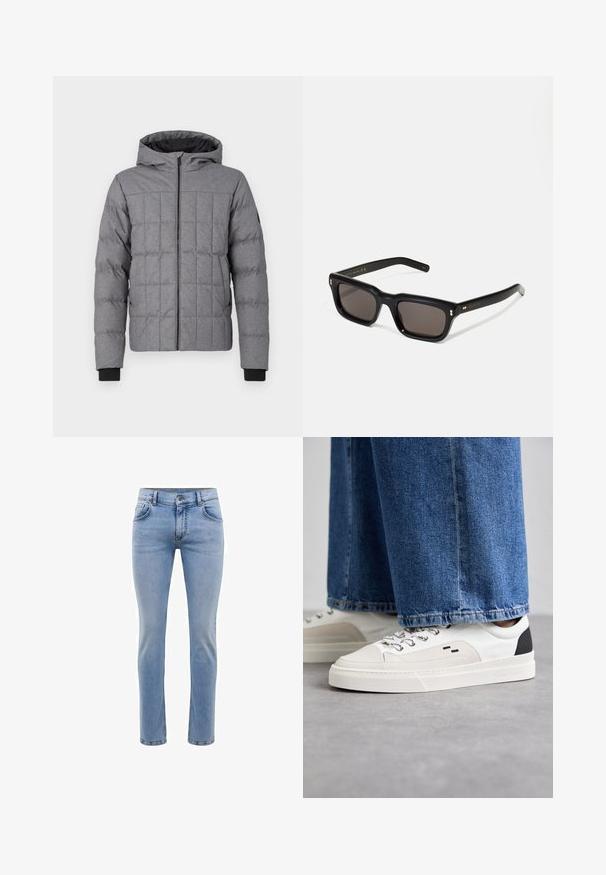 Grå quiltet pufferjakke med hætte, lynlåslukning foran og ribbede manchetter. Struktureret stof med synlige sømme og et kvadratisk mønster.; Hvid kortærmet t-shirt i bomuldsstof med rund halsudskæring. Enkel design uden mønstre eller detaljer. Glat tekstur.; Lysblå denim jeans med en slim fit, fem lommer og et lige ben design. Har en lynlås og bæltestropper. Blød tekstur.; Hvide og sorte sneakers med en glat læderoverdel, teksturerede detaljer og en kraftig hvid sål. Har et klassisk snørebåndsdesign.; Sorte rektangulære solbriller med mørke glas, tyk plastisk ramme, guldtryk på stængerne og brandlogo indgraveret på armen.