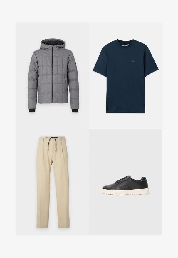 Grå vadderad puffjacka med huva, dragkedja framtill och ribbade ärmslut. Texturerad tyg med synlig sömnad och rutmönster.; Marinblå bomulls t-shirt med rund hals, kort ärm och en diskret logotyp tryckt på bröstet. Slät textur och klassisk passform.; Beige byxor med rak passform, som har midja med dragsko, plisserad framsida och en slät yta. Enkelt och mångsidigt design.; Svart lädersneaker med texturerad finish, rund tå och platt vit gummisula. Har svarta snören och varumärke på hälen.