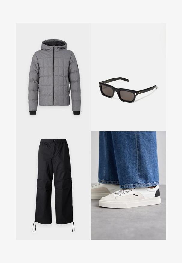 Jachetă puf gri cu captuseală, prevăzută cu glugă, fermoar frontal și manșete ribbate. Material texturat cu cusături vizibile și un model pătrat.; Tricou negru din bumbac cu guler rotund, mâneci scurte și logo-ul "EMPORIO ARMANI" în alb deasupra cuvântului "Milano" într-un design curbat.; Pantaloni cargo negri dintr-un material ușor, cu picioare largi, talie elastică și șnururi ajustabile la manșete. Două buzunare laterale.; Adidași albi și negri, cu un superior din piele netedă, accente texturate și o talpă albă groasă. Prezintă un design clasic cu șireturi.; Ochelari de soare negri, rectangul care au lentile întunecate, ramă din plastic gros, accente aurii pe brațe și logo-ul brandului gravat pe mâner.