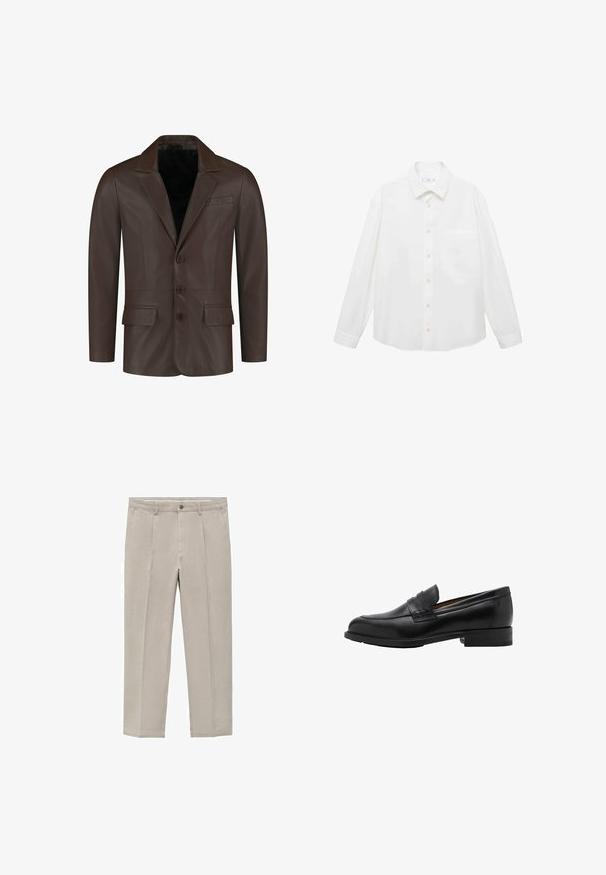 Blazer in pelle marrone con colletto a ribalta, due tasche frontali, quattro bottoni e una texture liscia e elegante.; Mango ANTARES - Camicia - white; Pantaloni beige chiaro realizzati in un misto cotone, con un design a gamba dritta, pince frontali, chiusura con bottone e tasche laterali.; Mocassini in pelle nera con punta cucita e tacco piatto. Texture liscia con punta arrotondata e una fascia decorativa sopra il collo del piede.