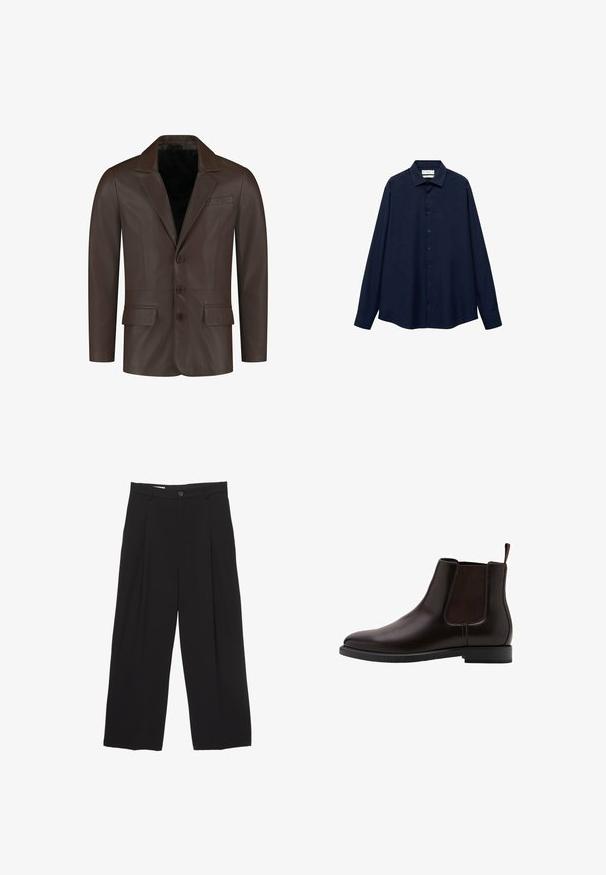 Bruine leren blazer met een afgeronde kraag, twee voorzakken, vier knopen en een stijlvolle, gladde textuur.; Navyblauw button-up overhemd met een kraag, lange mouwen en een rechte zoom. Beschikt over een gladde textuur en vijf knopen aan de voorkant.; Zwarte wijde broek gemaakt van gladde stof, met een platte tailleband, voorplooien en een enkele knoopsluiting.; Bruine leren Chelsea-boot met elastische zijpanelen, een ronde neus en een aantreklipje voor eenvoudig aan- en uittrekken. Platte rubberen zool. Eenvoudig ontwerp.