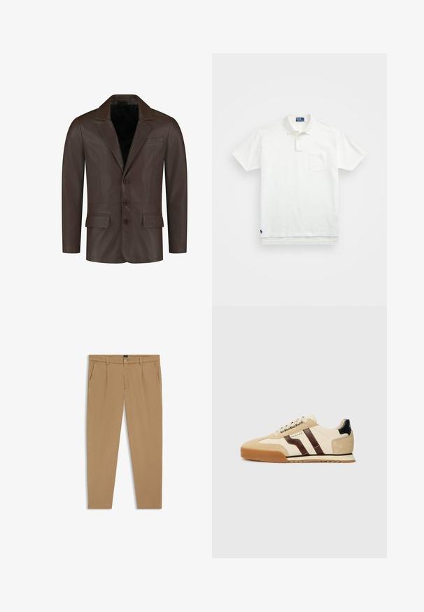 Brun læderblazer med en spids krave, to forlommer, fire knapper og en slank, glat tekstur.; Hvid polo-shirt lavet af bomuld, med en klassisk krave, tre-knaps knaplukning og en lomme på venstre bryst; lille logo ved kanten.; Beige bukser med en glat tekstur, lige snit, forlommer og knaplukning i taljen.; GANT BAYLLE - Sneakers - sand
