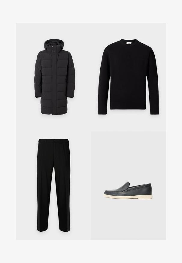 Černý zateplený kabát s kapucí, který má zapínání na zip a cvoky, široké prošívané panely a střední délku.; Černý svetr s dlouhým rukávem a kulatým výstřihem vyrobený z měkké tkaniny. Obsahuje kapsu na levé straně hrudi a rovný lem s minimálními texturálními detaily.; Černé kalhoty vyrobené z hladké tkaniny, s rovnými nohavicemi, dvěma předními kapsami a zapínáním na zip s knoflíkem.; Černé kožené mokasíny na klínku s texturovaným povrchem a kontrastní béžovou gumovou podrážkou. Vyznačují se jemným akcentem podél přední části.
