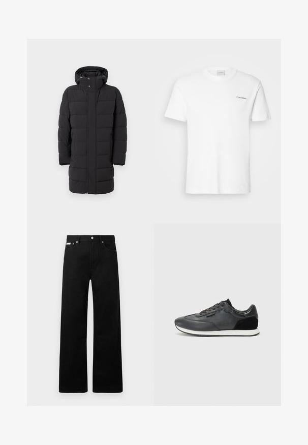 Fekete párnázott kabát kapucnival, cipzárral és patent gombos záródással, széles tűzött panelekkel és közepes hosszúságú kivitelben.; Fehér pamut póló rövid ujjakkal és kerek nyakkivágással. Bal mellkason egy kis fekete "Calvin Klein" logó található.; Fekete farmernadrág széles szabással, öt zsebbel és fém gombos díszítéssel. Sima felület, látható minták nélkül.; Fekete sportcipő bőr felsőrésszel, perforált mintázattal, velúr díszítésekkel és fehér gumitalppal. Klasszikus fűzős kialakítás.