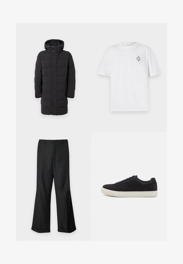 Cappotto imbottito nero con cappuccio, dotato di chiusura con zip e bottoni a scatto, ampi pannelli trapuntati e un design di lunghezza media.; T-shirt in cotone bianco con vestibilità rilassata, presenta un piccolo logo grafico nero nella zona sinistra del petto. Maniche corte, collo a giro.; Pantaloni neri a gamba larga con vita con bottoni e orli risvoltati, esposti su uno sfondo bianco uniforme.; Sneaker in suede nero con punta arrotondata, suola in gomma bianca, lacci blu a contrasto e una texture liscia. Design minimalista senza logo visibile.