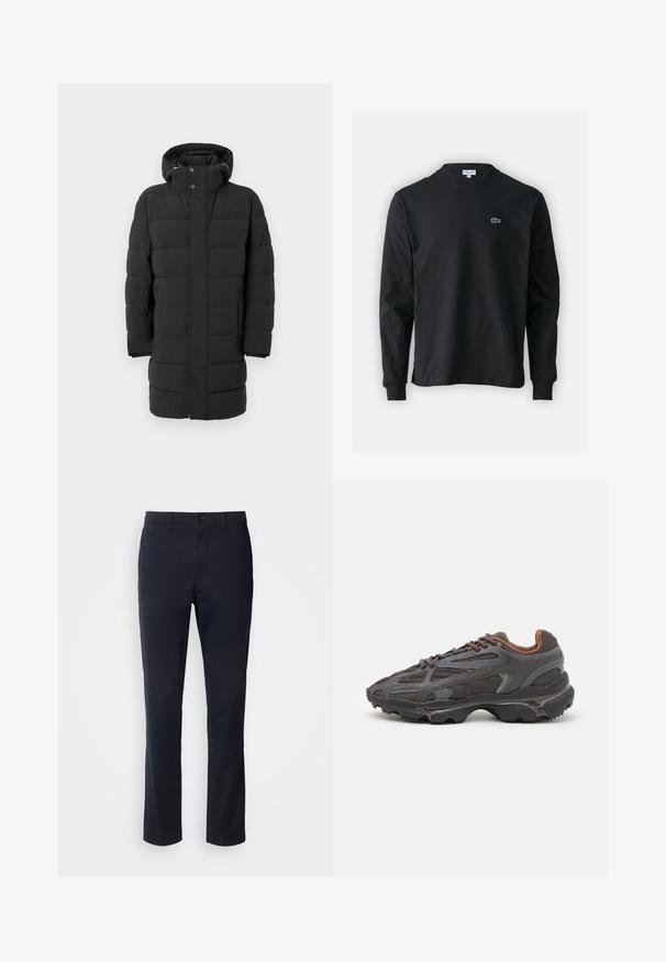 Mustat vuoratut takki hupulla, jossa on vetoketju- ja napitus, leveät tikatut paneelit ja keskipituinen muotoilu.; Musta pitkähiha t-paita, joka on valmistettu puuvillasta. Paita on varustettu pyöreällä kaula-aukolla ja vasemmassa rinnassa on pieni vihreä brodeerattu krokotiililogo.; Tummansinisiä housuja, jotka on valmistettu sileästä kankaasta. Housuissa on suora lahje, vyölenkit ja nappikiinnitys vetoketjulla.; Lacoste-tennar i mörkgrått med nät- och syntetmaterial, med en texturerad sula och bruna accenter på kragen och märket.