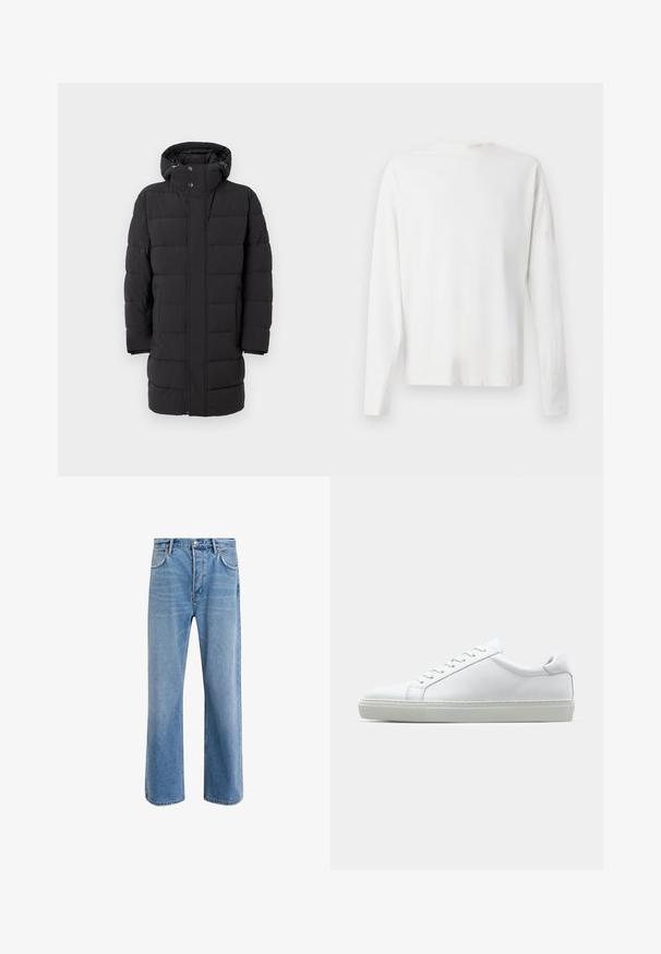 Mustat vuoratut takki hupulla, jossa on vetoketju- ja napitus, leveät tikatut paneelit ja keskipituinen muotoilu.; Pitkähihaisesta valkoisesta puuvillapaidasta, jossa on pyöreä pääntie, sivuhaalareita alaosassa ja sileä pinta, näkyy takaa.; Vaaleansiniset farkut suoranlahkeisella muotoilulla, viisi taskua, nappisuljenta, vähäinen kuluminen ja kontrastiväriset ompeluyksityiskohdat.; Valkoinen tennari, jossa on sileä nahkapäällinen ja matala profiili. Ominaisuuksiin kuuluu pyöreä kärki, kuusi rei'itystä ja teksturoitu kumipohja.