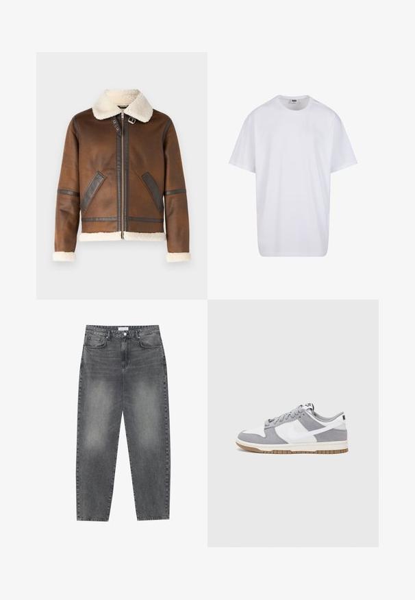 Brown leather jacket with a shearling collar, zip closure, and leather accents. Features two front pockets and contrasting textures.; White cotton t-shirt with short sleeves, rounded neckline, relaxed fit, and no visible logos or patterns. Smooth texture and minimal design.; High-waisted, loose-fitting jeans in faded black denim. Features five pockets, belt loops, and a clean, straight leg design.; Gray and white sneaker with a suede and leather upper, rounded toe, flat laces, and a rubber sole featuring a gum accent.