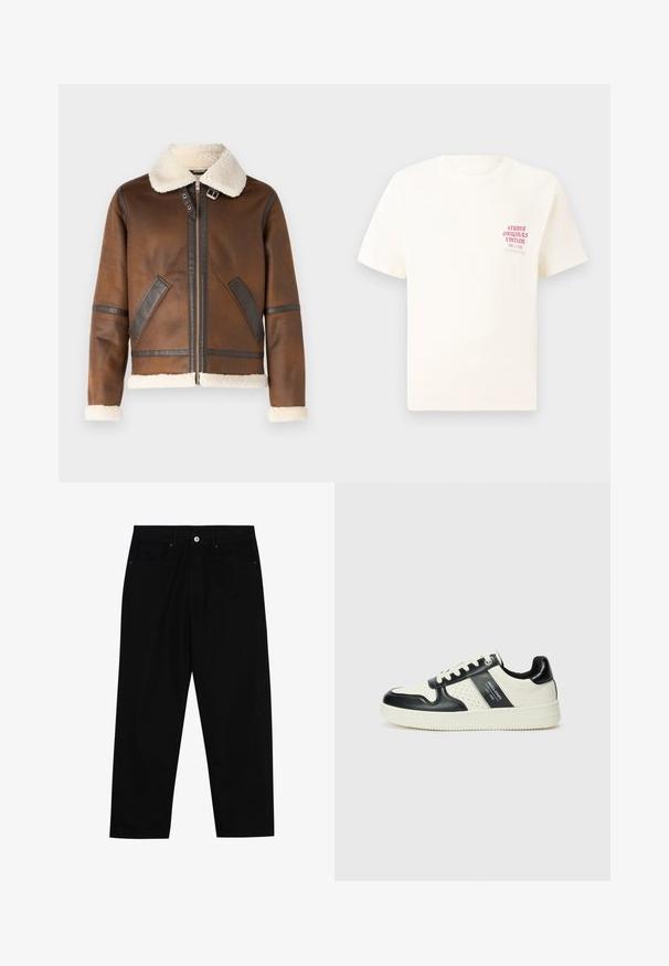 Brown leather jacket with a shearling collar, zip closure, and leather accents. Features two front pockets and contrasting textures.; White short-sleeve T-shirt with red text "Studio Originals Edition" on left chest, displayed on a neutral gray background.; Black denim pants featuring a straight-leg cut, five-pocket design, and a front button closure. Smooth texture with minimal stitching details.; Leather sneakers with a black and cream color scheme, featuring perforated accents, a padded collar, and a textured outsole.