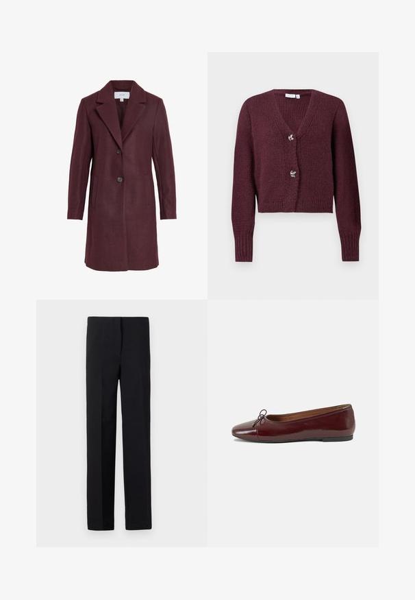 Burgundy wool-blend coat with a notched collar, two-button closure, side pockets, and a tailored fit. Soft texture and clean lines.; Burgundy knitted cardigan with a V-neck, long sleeves, and two decorative flower-shaped buttons at the front. Cropped design.; Beige satin long-sleeve shirt with button-down collar, front placket, and gathered puff sleeves at the cuffs. Smooth, glossy texture.; Black tailored trousers with a straight cut, featuring a smooth texture and no visible patterns. Standard waistband and a clean finish.; Burgundy patent leather ballet flat with a rounded toe, small bow accent at the front, and a low, black rubber sole. Smooth texture.