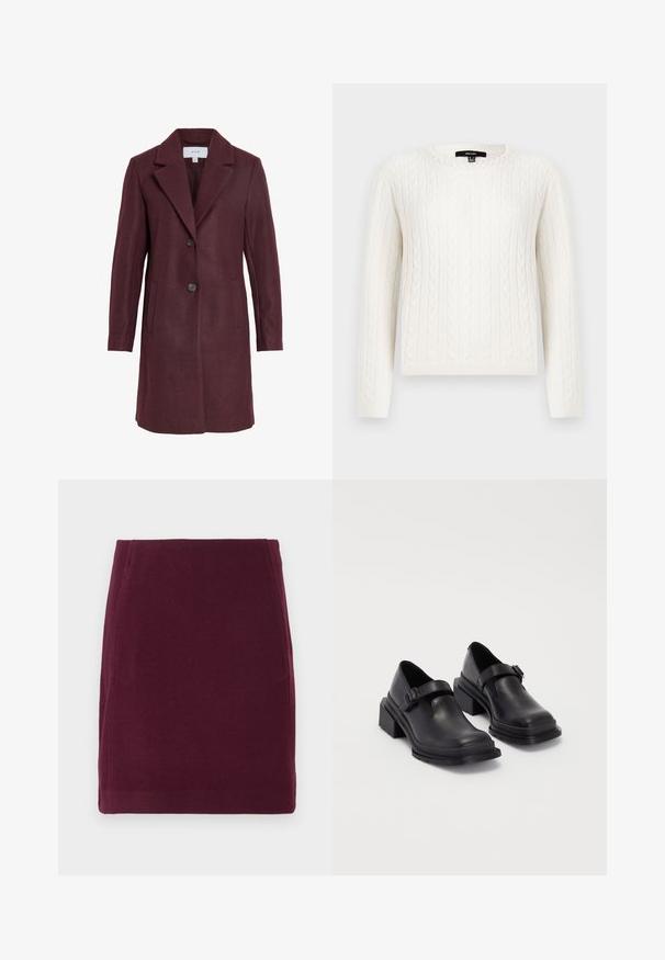 Bordeaux wollen blend jas met een geknipte kraag, sluiting met twee knopen, zijzakken en een getailleerde pasvorm. Zachte textuur en strakke lijnen.; Witte kabelgebreide trui met lange mouwen, een ronde halslijn en een decoratieve parelaccent bij de kraag. Zachte textuur en aansluitend ontwerp.; Vero Moda VMFORTUNALLISON SHORT - A-lijn rok - winetasting; Zwarte leren schoenen met een ronde neus, platte zool en een band met een gespdetail. Stevige blokhak voor extra stabiliteit.