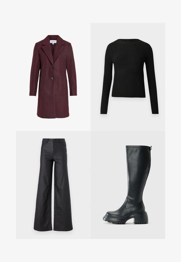 Burgundia villasegude mantel, millel on nurgeline krae, kahe nupuga kinnitamine, küljetaskud ja kohandatud lõige. Pehme tekstuur ja puhtad jooned.; Mustmustriibuline must pikavarsiline sobiv sviiter ümmarguse kaelusega, esitatud helehallil taustal.; Mustad, laiad püksid kunstnahast. Omab kõrget vööd, vöökotte, kahte esipoolset taskut ja õmmeldud detaile.; Kõrge must nahksaapad, millel on massiivne platvormi tald ja blokk-kand, varustatud tõmbenööriga ja tekstuuriga väljatõmbejääk.