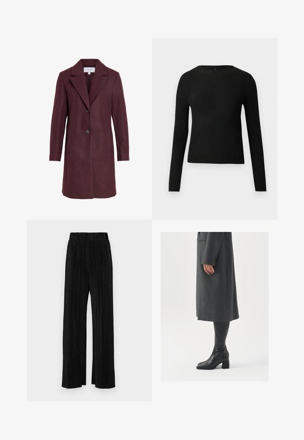 Burgundin villasekoitteinen takki, jossa on lovettu kaulus, kaksinappinen kiinnitys, sivutaskut ja säädetty istuvuus. Pehmeä rakenne ja siistit linjat.; Mustat ribbitetut pitkähihaiset tiukat neuleet, joissa on pyöreä pääntie, esillä yksinkertaisella vaalealla taustalla.; Mustat pleatatut housut, joissa on joustava vyötärö. Ominaisuuksiin kuuluvat leveät lahkeet ja sileä, teksturoitu kangas, jossa on pystysuoria raitoja.; Harmaa, muotoiltu pitkätakki suoran leikkauksen kanssa; yhdistetty polven yli yltäviin mustiin nahkasaappaisiin, joissa on neliön muotoinen kärki ja paksu kanta.