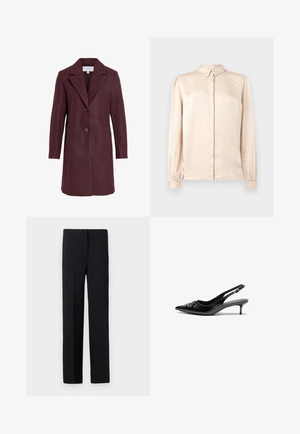 Palton din amestec de lână bordeux, cu guler decupat, închidere cu două butoane, buzunare laterale și o croială ajustată. Textură moale și linii curate.; Cămașă lungă din satin bej, cu mâneci lungi, guler cu nasturi, placket frontal și mâneci bufante adunate la mansete. Textură uniformă și lucioasă.; Pantaloni negri, croiți pe măsură, cu un tiv drept, având o textură fină și fără modele vizibile. Talie standard și finisaj curat.; Cizme slingback din piele neagră, cu vârf ascuțit, toc mic de tip kitten heel și un detaliu decorativ sub formă de nod în față. Textură netedă pe întreaga suprafață.