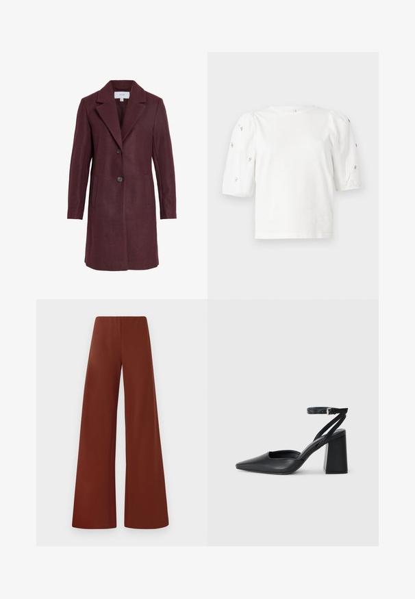 Burgundy wool-blend coat with a notched collar, two-button closure, side pockets, and a tailored fit. Soft texture and clean lines.; White cotton t-shirt with short puff sleeves, featuring small silver embellishments along the sleeves. Classic round neckline, relaxed fit.; Wide-leg trousers made of smooth fabric in a rich, deep brown color. Features a high waist and clean lines with no visible fastenings.; Black leather pointy-toe pump with an ankle strap and a chunky heel. Flat texture, sleek design, and minimalistic aesthetics.