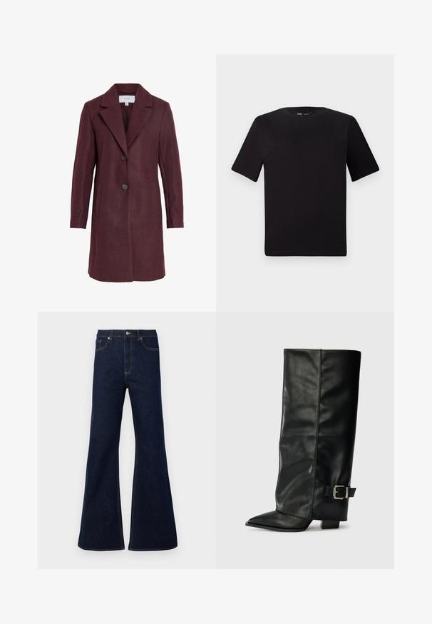 Burgunderfarbener Wollmischmantel mit Reverskragen, zwei Knöpfen, Seitentaschen und taillierter Passform. Weiche Textur und klare Linien.; Schwarzes T-Shirt mit kurzen Ärmeln und Rundhalsausschnitt, aus weichem Baumwollmaterial gefertigt. Schlichtes Design, keine sichtbaren Logos oder Muster.; Dunkelblaue ausgestellte Jeans aus Denim mit hoher Taille, frontalen Taschen und goldenen Nähakzenten. Glatte Textur mit traditionellem Schnitt.; Schwarze Lederstiefeletten in Knöchellänge mit spitzem Zehenbereich, glatter Oberfläche und silberner Schnallenakzent an der Seite. Massiver, quadratischer Absatz.