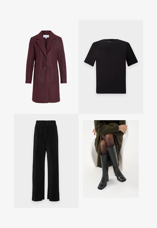 Burgunderfarbener Wollmischmantel mit Reverskragen, zwei Knöpfen, Seitentaschen und taillierter Passform. Weiche Textur und klare Linien.; Schwarzes T-Shirt mit kurzen Ärmeln und Rundhalsausschnitt, aus weichem Baumwollmaterial gefertigt. Schlichtes Design, keine sichtbaren Logos oder Muster.; Schwarze plissierte Hose mit elastischem Bund. Verfügt über weite Hosenbeine und einen glatten, strukturierten Stoff mit vertikalen Streifen.; Knöchelhöhe schwarze Lederstiefel mit quadrater Spitze und Blockabsatz, gezeigt mit einem Modell, das einen olivgrünen Mantel trägt. Glatte Textur, minimale Details.