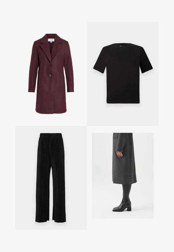 Manteau en mélange de laine bordeaux avec un col cranté, fermeture à deux boutons, poches latérales et coupe ajustée. Texture douce et lignes épurées.; T-shirt noir à manches courtes avec un col rond, fabriqué en coton doux. Design simple, sans logos ni motifs visibles.; Pantalons plissés noirs avec une taille élastique. Présente des jambes larges et un tissu lisse texturé avec des rayures verticales.; Manteau gris taillé à coupe droite ; associé à des bottes en cuir noir jusqu'au genou avec un bout carré et un talon épais.
