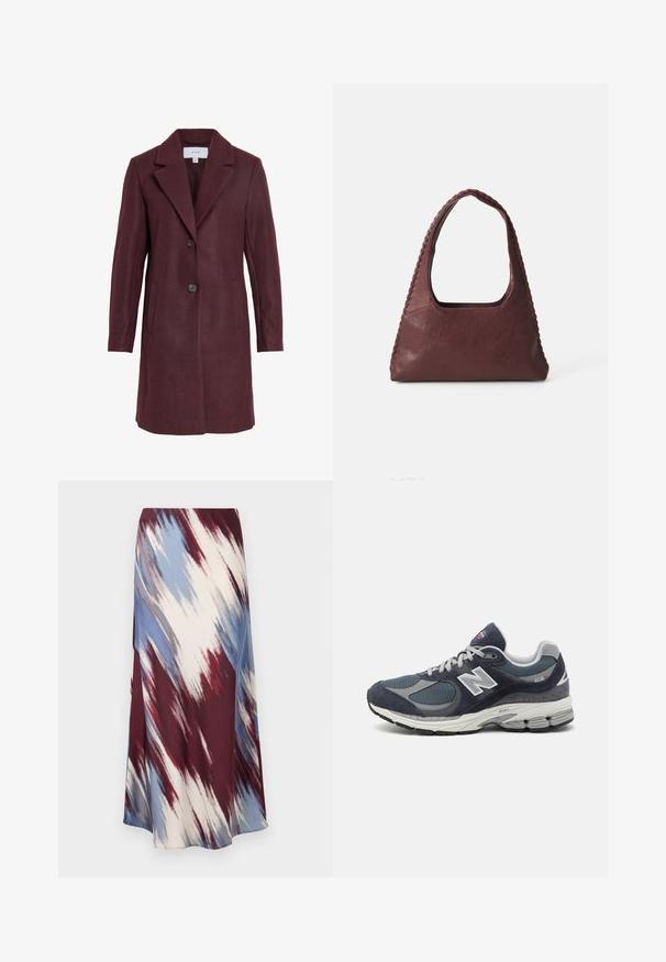 Burgunderfarbener Wollmischmantel mit Reverskragen, zwei Knöpfen, Seitentaschen und taillierter Passform. Weiche Textur und klare Linien.; Langärmliges gestreiftes Polohemd in Burgunderrot und Weiß, mit Kragen, Knopfleiste mit drei Knöpfen und gesticktem Logo auf der Brust.; Lange Rock mit einem diagonalen Batikmuster in Burgunder, Blau und Creme, aus weichem Stoff mit fließender Silhouette und leichtem Glanz.; New Balance Sneakers mit einem Obermaterial aus navy-mesh und Wildleder, grauen Akzenten, weißem Logo, gepolsterter Sohle und strukturierten Details.; Burgunderfarbene Lederhandtasche mit dreieckiger Form, offener Oberseite und geflochtenem Detail entlang des Griffes. Glatte Textur mit matter Oberfläche.