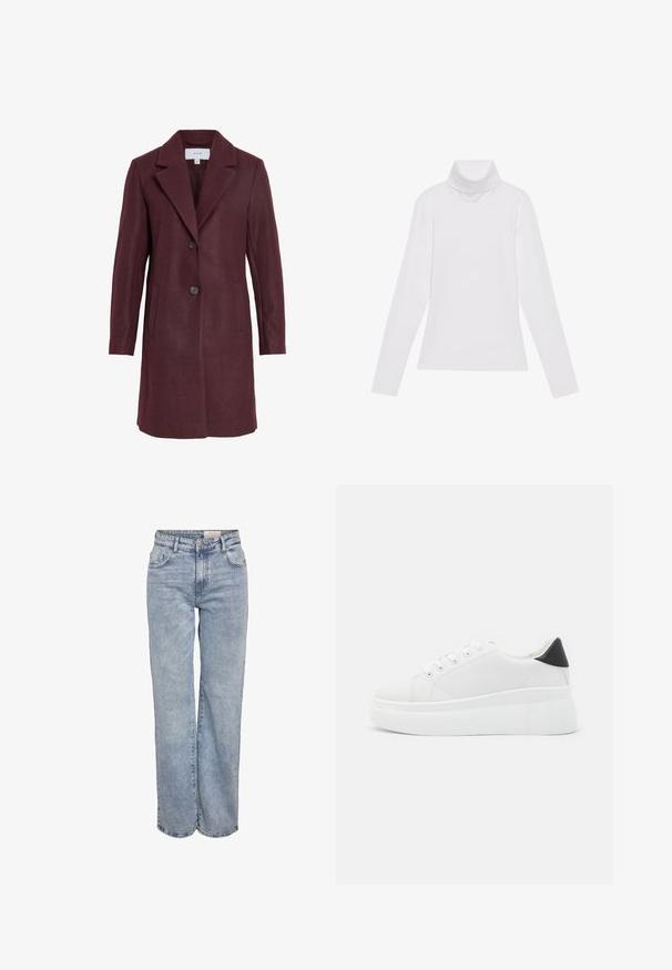 Burgundska volneno-mešanska bunda s poševnim ovratnikom, z dvema gumboma, stranskimi žepi in krojem, ki lepo prilagaja postavo. Mehka tekstura in čiste linije.; Bela dolga majica s turtleneck ovratnikom, izdelana iz gladke, raztegljive tkanine. Ima visok ovratnik in prilega telesu, brez vidnih vzorcev ali okrasitev.; Svjetloplave široke traperice od denima, sa visokim strukom, dizajnom s pet džepova i suptilnim blijeđenjem za izgled nakon nošenja.; Bele platform tenisice izdelane iz gladkega sintetičnega materiala, z zaobljenim prstom, sistemom vezalk in teksturiranim gumijastim podplatom. Črn dodatek na peti.