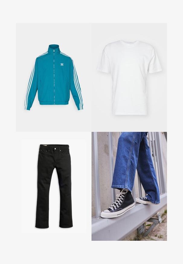 Casaco de poliéster em azul-petróleo com gola alta, fecho de correr à frente, detalhes em branco com três riscas ao longo das mangas, e um pequeno logótipo branco no lado esquerdo.; T-shirt de algodão branca com mangas curtas, decote redondo e uma textura suave. Design simples sem padrões ou gráficos.; Jeans de ganga pretos com um design de perna reta, cinco bolsos, fecho de botão metálico e detalhes de costura subtil. Textura suave e cor sólida.; Ténis altos pretos com sola e atacadores brancos, combinados com jeans azul desgastado, repousando sobre um corrimão cinza.