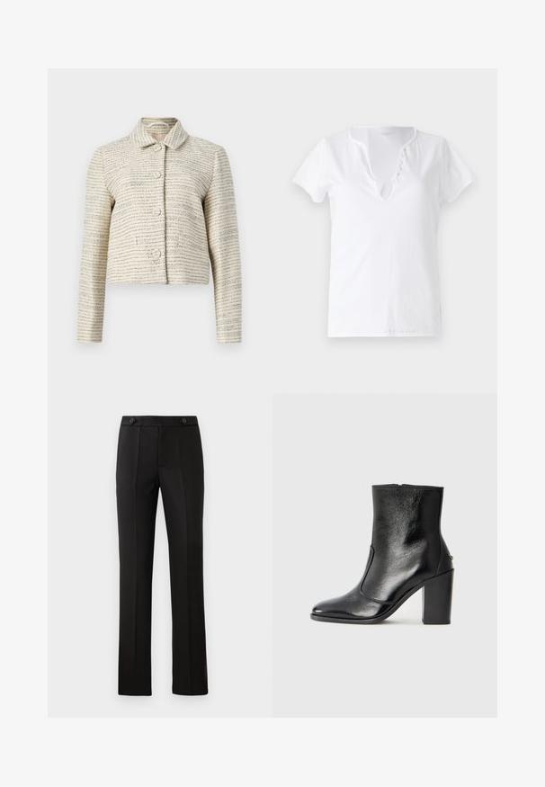 Bela kratica jakna od teksturiranog materijala s horizontalnim plavim i crnim prugama. Ima duge rukave, ovratnik i okrugle dugmadi.; Bijela pamučna majica kratkih rukava, opuštenog kroja i V-izrezom s pločicom koja sadrži pet dekorativnih gumbića.; Crne krojene hlače ravnog kroja, s dva prednja džepa, dugmetom za zatvaranje i pregibima sprijeda. Glatka tekstura tkanine.; Crna kožna čizma do gležnjeva s glatkom teksturom, špicastim vrhom i debelim visokim potpeticama. Ima bočni otvor i minimalistički dizajn.