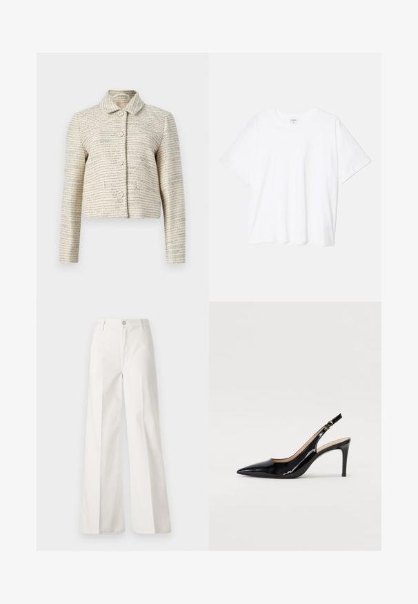 Giacca corta avorio con un tessuto strutturato caratterizzato da righe orizzontali blu e nere. Ha maniche lunghe, colletto e bottoni tondi.; T-shirt bianco in cotone con maniche corte, scollo rotondo, vestibilità comoda e orlo cucito. Etichetta visibile all'interno del colletto.; Pantaloni bianchi a gamba larga realizzati in cotone con una texture liscia. Presentano un bottone anteriore, una zip e un design a quattro tasche.; Pumps slingback in pelle verniciata nera con punta affilata, tacco sottile e un design con ritagli delicati. Caratterizzate da una fibbia dorata sul cinturino.