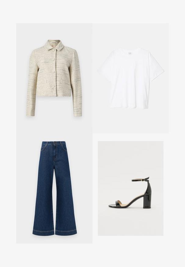 Ivory gekorte jas van een gestructureerde stof met horizontale blauwe en zwarte strepen. Het heeft lange mouwen, een gekraagde hals en ronde knopen.; Witte katoenen t-shirt met korte mouwen, ronde halslijn, comfortabele pasvorm en gestikte zoom. Etiket zichtbaar aan de binnenzijde van de hals.; Brede blauwe denimjeans met een hoge taille, voorzien van een knoopsluiting, riemlussen en subtiele stikdetails langs de zakken en zoom.; Zwarte lakleren sandaal met een brede hak, open teen en enkelbandje met een gouden gesp. Zachte textuur en strak ontwerp.