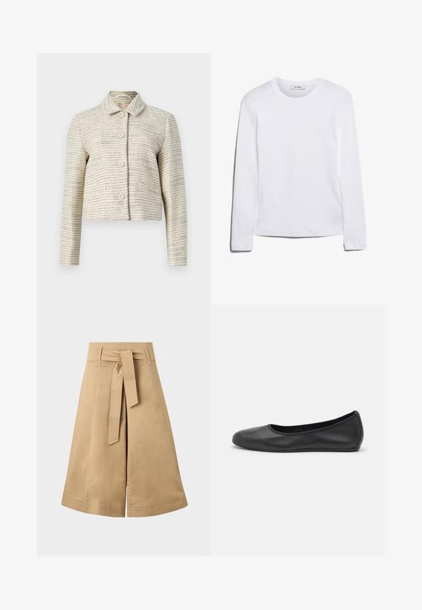 Ivory skrajšani jopič z teksturirano tkanino, ki ima vodoravne modre in črne črte. Ima dolge rokave, ovratnik in okrogle gumbe.; Bela majica s dolgimi rokavi iz rebrastega bombaža, s krožnim izrezom in ravnim robom. Enostaven dizajn brez vzorcev ali naglasov.; Khaški midi zavitni krilo s pasom na vezanje, izdelano iz lahkotnega bombaža, z razširjeno silhueto in vidnimi šivi.; Črne usnjene balerinke z zaobljenim nosom, gladko teksturo, minimalnimi šivi in fleksibilno zasnovo podplata.