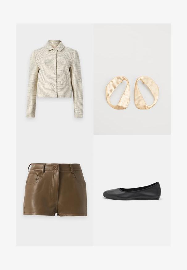 Ivory cropped jacket with a textured fabric featuring horizontal blue and black stripes. It has long sleeves, a collared neck, and round buttons.; Long-sleeve white T-shirt made of ribbed cotton, featuring a round neckline and a straight hem. Simple design with no patterns or accents.; Brown faux leather shorts with a fitted design, waistband with belt loops, front pockets, and visible stitching details.; Black leather ballet flat with a rounded toe, smooth texture, minimal stitching detail, and a flexible sole design.; Pair of irregular oval-shaped gold-toned metal earrings with a textured, slightly hammered surface on a white background.