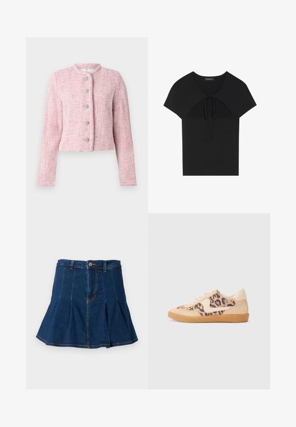 Jachetă scurtă din tweed roz, cu guler rotund, cinci nasturi argintii și mâneci lungi. Material texturat cu un model în zigzag pe întreaga suprafață.; Top negru cu mâneci scurte și decolteu rotund, prezentând un detaliu decupat și închidere cu fundiță în față. Confeționat dintr-un material moale și ușor.; Fustă din denim de culoare albastru închis, cu un design pliat, cinci buzunare, închidere frontală cu nasture și detalii de cusătură contrastante.; Tenisi cu imprimeu de leopard, cu partea superioară din suede bej, talpă din cauciuc maro și accente albe. Vârf rotund și design cu șireturi, cu un finisaj texturat.