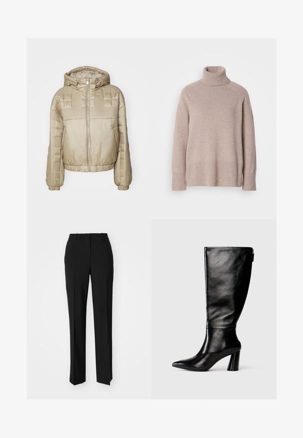 Casaco acolchoado bege com capuz, apresentando um fecho de correr à frente, punhos elásticos e painéis texturizados nas mangas e no corpo.; Suéter de lã tricotado em bege claro com gola alta, mangas longas e punhos e bainha canelados, sobre um fundo branco liso.; Calças pretas de corte ajustado com um design de perna reta, apresentando uma textura lisa e pregas bem definidas na frente. Sem hardware visível.; Bota de couro preta até o joelho com bico fino, textura lisa e salto robusto. Possui um fecho de zíper na parte traseira.