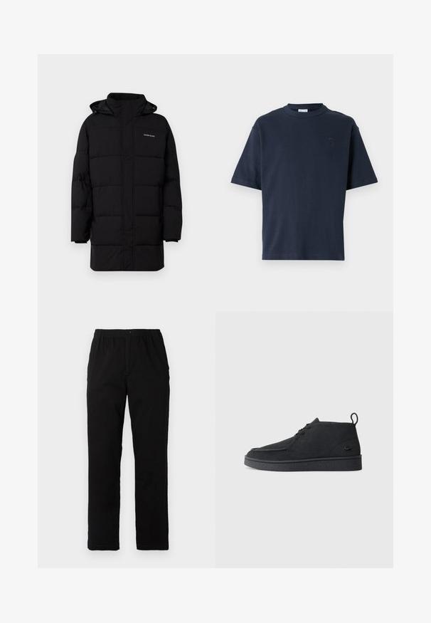 Guess Jeans PUFFER JACKET - Giacca invernale - jet black; T-shirt a maniche corte di colore blu navy realizzato in cotone. Presenta un colletto rotondo e un logo discreto sul petto. Design a taglio dritto senza motivi.; Pantaloni neri realizzati in un tessuto misto cotone, caratterizzati da un taglio dritto, vita elastica con bottone e senza motivi o dettagli visibili.; Stivale alla caviglia in suede nero con lacci, dotato di una linguetta per il tiraggio e suola testurizzata, caratterizzato da un piccolo logo a forma di coccodrillo embossato sul lato.