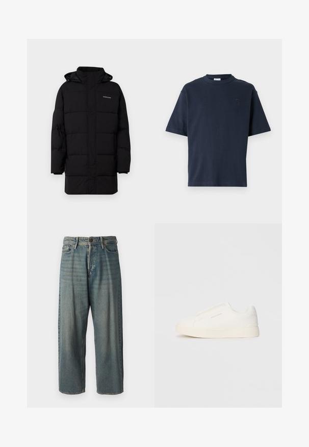 Guess Jeans PUFFER JACKET - Zimná bunda - jet black; Námornícky modrý tričko s krátkym rukávom vyrobené z bavlny. Má okrúhly výstrih a jemné logo na hrudi. Priamy strih bez vzorov.; Svetlomodré denimové nohavice so voľným strihom, stredne vysokým pásom a rovnými nohavicami. Obsahujú päť vreciek, pútka na opasok a zapínanie na gombík.; Biele slip-on tenisky s textúrovaným povrchom, hrubou podrážkou a minimalistickým dizajnom. Obsahuje logo značky na boku.