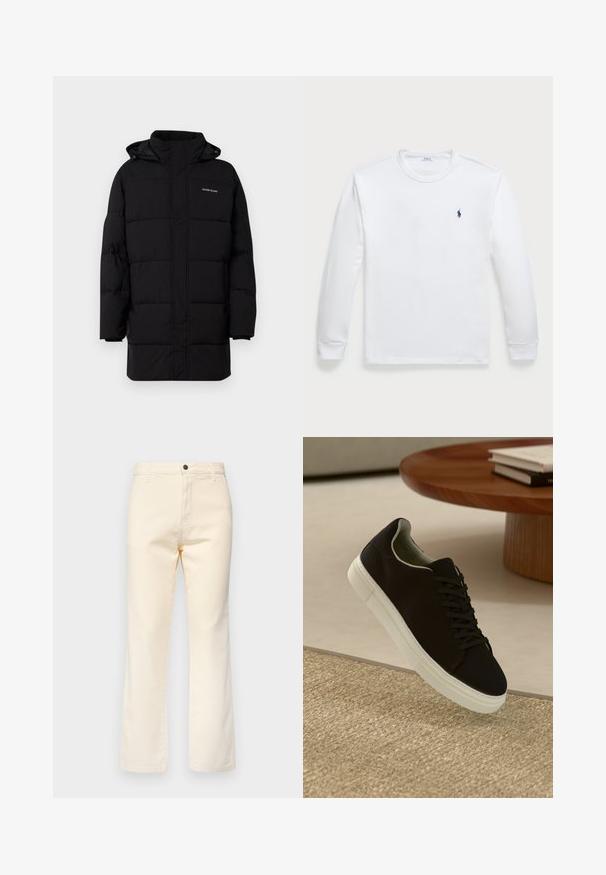 Guess Jeans PUFFER JACKET - Zimná bunda - jet black; Biela mikina s dlhými rukávmi vyrobená z bavlny, s okrúhlym výstrihom a malým námorníkovým logom na ľavom hrudníku. Hladká textúra, jednoduchý dizajn.; Krémové bavlnené džínsy s rovnými nohavicami, s predným zapínaním na gombík a štandardným pätkám s piatimi vreckami.; Čierna teniska s bielou podrážkou plávajúca nad béžovým textúrovaným kobercom pri okrúhlom drevenom stole s hromadou kníh.