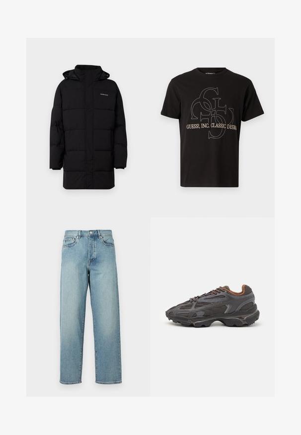 Guess Jeans PUFFER JACKET - Zimní bunda - jet black; Černé tričko z bavlny s velkým logo designem v šedé a béžové barvě, uprostřed text "Guess?, Inc. Classic Design".; Svetle modré džíny s volným střihem, rovnými nohavicemi, designem s pěti kapsami a zapínáním na knoflík v pase. Minimalistické detaily šití.; Sněrovací boty Lacoste v tmavě šedé barvě s síťovinou a syntetickým materiálem, prezentující texturovanou podrážku a hnědé detaily na límci a logu.