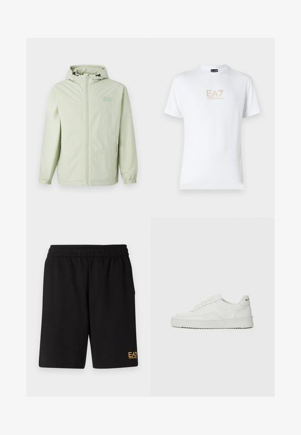 Svetlo zelena jakna s kapuco, polnim zadrgo in elastičnimi manšetami. Ima prilagodljive vrvice za zategovanje in diskreten teksturiran logo na prsih.; Bela bombažna majica s krožnim izrezom in kratkimi rokavi, s pozlačenim logotipom EA7 Emporio Armani natisnjenim spredaj.; Črne športne kratke hlače iz mehkega blaga, z elastičnim pasom in majhnim rumenim logotipom EA7 na spodnjem levem delu noge.; Bela usnjena športna obutev z gladko površino, okroglo prst, ravne vezalke in teksturiran podplat. Ima diskretno logo na peti.