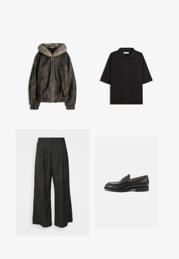 Jachetă din piele sintetică maro cu glugă căptușită cu blană, două buzunare frontale, manșete rib mate și închidere cu fermoar. Suprafață texturată cu coasere contrastante.; Cămașă neagră cu mâneci scurte, guler la gât, două buzunare frontale, închidere cu butoane și o textură a materialului netedă.; Pantaloni largi cu dungi negre, cu pliuri, având un design croit și o textură moale. Fără detalii sau accente vizibile.; Mocasini din piele neagră cu o finisare netedă, vârf rotund și cusături decorative pe partea superioară. Toc mic și stivuit, cu o ușoară strălucire.