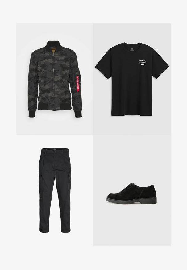 Jakna bomber v kamuflažni vzorcu v črni in sivi barvi. Gladko, lahko blago z rebrastimi manšetami in pasom. Ima zadrgo in utilitarni žep.; Črna bombažna majica s tiskom na prsih, ki prebere "HOUSE PLANTS" v beli stilizirani pisavi, pod njim pa je zapisano "Levi's". Klasičen kroj z okroglim izrezom.; Črne cargo hlače iz trdnega blaga, ki imajo več žepov, gumbasto zapiranje in ozek kroj z zožanimi nogami.; Črne semiš čevlje za posebne priložnosti z zaobljenim nosom, kontrastnim šivom in gumijastim podplatom. Imajo minimalistično vezanje in gladko zgornjo zasnovo.