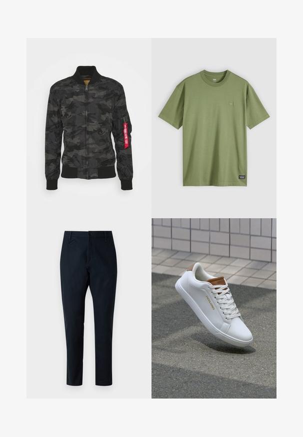 Kamuflāžas bumbvedēja jaka melnā un pelēkā krāsā. Gluda, viegla auduma, ar ribotām aprocēm un jostasvietu. Iekļauta rāvējslēdzēja aizdare un utilitātes kabata.; Olīvu zaļš kokvilnas T-krekls ar apaļu kakla izgriezumu un īsām piedurknēm. Uz krūšu ir neliels, smalks logotipa uzlīme, un apakšmalā ir izsieta zīmola birka.; Tumši zilas bikses, kas izgatavotas no kokvilnas maisījuma auduma, ar taisnu kāju dizainu, pogu aizdari un sānu kabatām. Gluda tekstūra.; Baltas ādas sporta apavi ar gludu tekstūru, brūna akcenta elements uz papēža, zelta logo sānos un gumijas zole ar strukturētu saķeri.