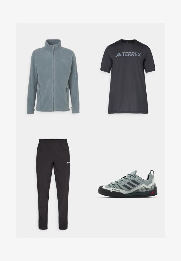 Heledest hallist fleecetag, mis on varustatud kõrge kaeluse, ees oleva tõmbluku ning kahe küljetaskuga, millel on tõmblukud. Sile tekstuur ja kohandatud lõige.; Must musta t-särk, mis on valmistatud kergetest kangast, millel on kergehall "TERREX" logo rinnaeest ja ümar kaelus.; Mustad mustad dressipüksid elastse vöökoha, kahe külje tõmblukuga tasku ja logoga paremal ülemisel reitel. Sile ja kerge kangas.; Hallid hallid ronimissaapad, millel on tekstureeritud pealispind, must kummist varbakaitse, kolm tumedat triipu ja väike punane aktsent tallal.