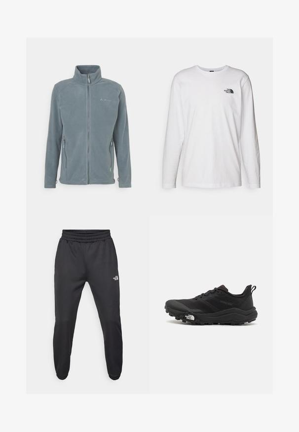 Fleecejakke i lys grå, med høy krage, glidelås foran og to sidelommer med glidelås. Glatt tekstur og skreddersydd passform.; Hvit langermet T-skjorte laget av bomull med rund hals. Har en liten svart logo på brystet. Glatt tekstur, vanlig passform.; Sorte joggebukser med snor i livet, tettsittende passform, elastiske mansjetter og en liten hvit logo på venstre lår, laget av glatt materiale.; Svart terrengløpesko med teksturert overdel, gummisåle og forsterket tåhette. Har polstret krage og løftestropp for enkel påkledning.