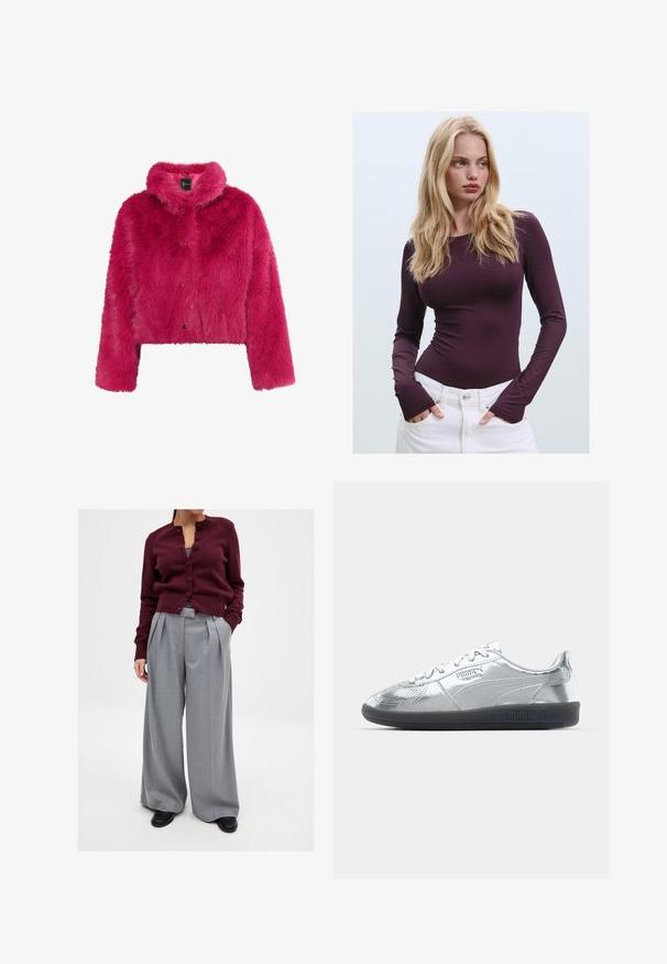 faina IMANE - Vinterjakker - pink; Bordeaux langærmet tætsiddende top med rund halsudskæring og tommelfingerhuller, parret med hvide højlife bukser. Glat stof og strækbar tekstur.; Burgundy strikket cardigan med knapper og rund hals, parret med grå plisserede bukser med vide ben og sorte sko. Enkel og professionel design.; Sølv sneakers med en glat, reflekterende overdel, der har sorte gummisåler og klassisk snøredesign. Puma-logo på siden.