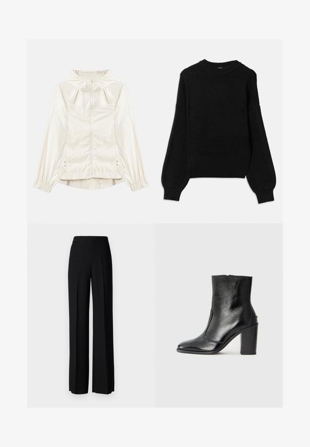 Lengvas, kreminės spalvos švarkas su gaubtu, priekiniais užtrauktukais, elastingais manžetais ir šoninėmis kišenėmis. Lygus paviršius su subtiliu spindesiu.; Juodas megztinis su tekstūru, su raukšlėta apykakle ir per didelėmis palaidinėmis, turinčiomis lygaus paviršiaus apdailą.; Juodi platūs kelnių kelnės su lygiu paviršiumi, turinčios aukštą liemenį ir centrinės raukšlės. Nėra matomų raštų ar metalinių detalių.; Juodas odinis kulkšninis batas su lygiu paviršiumi, smailiu pirštu ir masyviu aukštu kulnu. Savybė - šoninis atidarymas ir minimalistiškas dizainas.