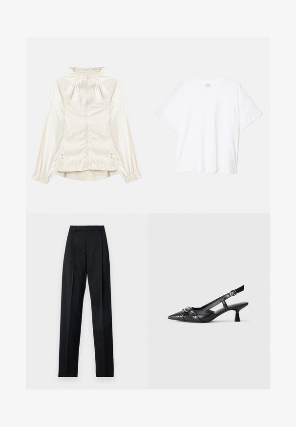 Letvægts, crèmefarvet jakke med hætte, frontlynlås, elastiske manchetter og sidelommer. Glat tekstur med subtil glans.; Hvid bomulds-t-shirt med korte ærmer, rund halsudskæring, afslappet pasform og stitched søm. Mærket er synligt indeni halsen.; Sorte bukser lavet af glat stof, der har høj talje, brede ben, frontfolder og klassiske bælteløkker. Ingen synlige sidelommer.; Sort lædersandal med spids tå, dekorative stropper med metaløjer og en lav blokhæl. Struktureret overflade.