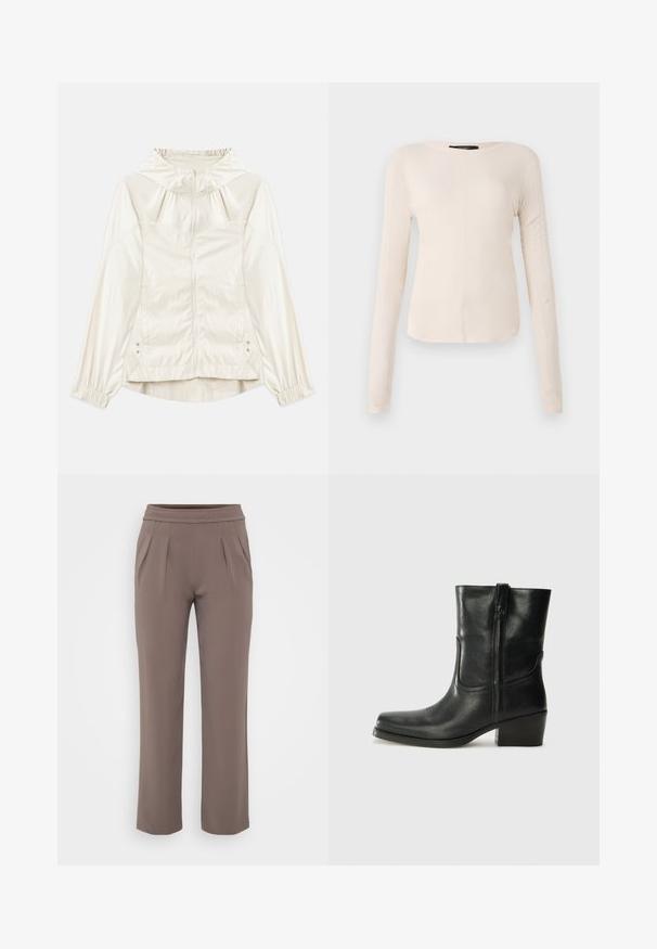 Kerge, kreemika värvusega jakk kapuutsiga, esisezipperiga, elastsete mansettidega ja küljetaskutega. Sile tekstuur koos õrna läikega.; Pikkade varrukatega helesinine topp ümmarguse kaelusega. Valmistatud pehmest kangast, sisaldab keskset õmblust ja kergelt kaardus serva. Ei ole nähtavat riistvara.; Taupe värvi lahtised püksid elastse vöökohtadega ja ees pleated, valmistatud siledast kangast.; Musta nahast pahkluu saabas ümarate varvastega, plokknäppu, külgsepa ja pealsetel õmblusest aktsentidega. Sile tekstuur, klassikaline disain.