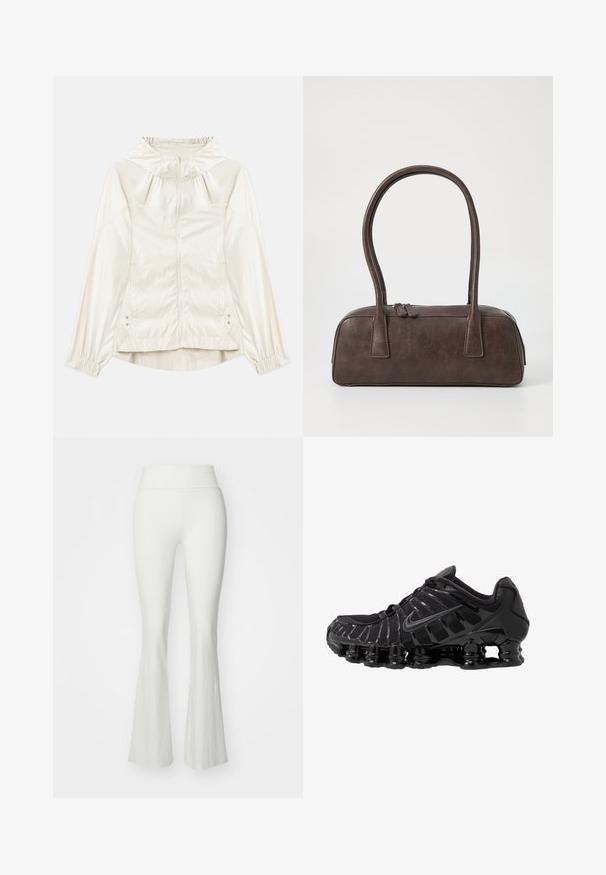 Letvægts, crèmefarvet jakke med hætte, frontlynlås, elastiske manchetter og sidelommer. Glat tekstur med subtil glans.; Hvid top med spaghettistropper, tætsiddende design og en glat, strækbar tekstur uden mønstre eller pynt.; Hvide vide bukser med høj talje, lavet af et glat, strækbart materiale. Har en tætsiddende silhuet, der flares ud ved underbenet.; Sort atletisk sko med mesh-overdel og glatte overlays. Har buet spiralbøsningsdæmpning og strukturerede linjer på siden. Nike-logoet er synligt.; Brun lædertaske med to robuste håndtag, rektangulær form, glat tekstur og lynlås lukning. Minimalistisk design uden synlige mønstre.