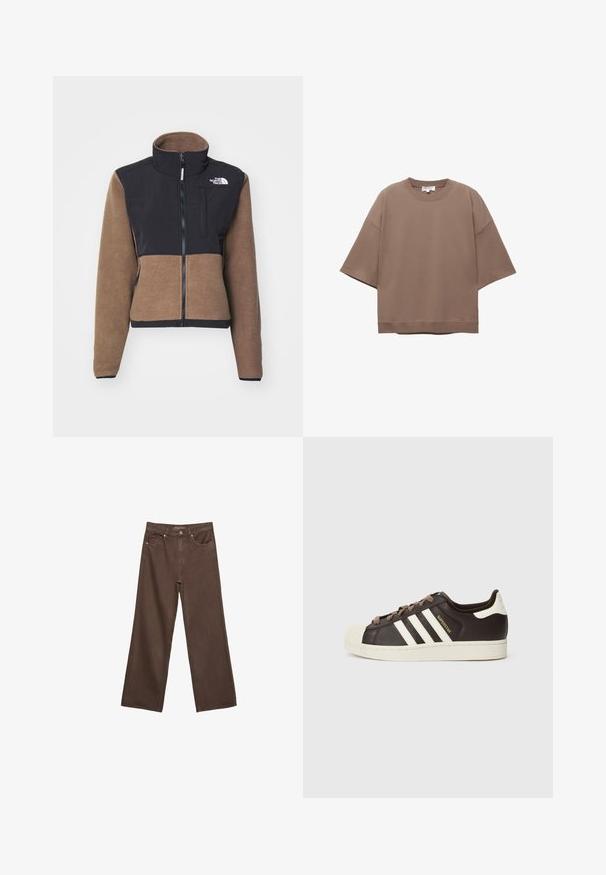 The North Face W RETRO DENALI JACKET - Fleecejacka - smokey brown/black; Brun oversized T-shirt, korta ärmar, rund halsringning, tillverkad av mjukt bomullsmaterial, har en enkel design och minimala sömmar.; Breda bruna jeans i denim med hög midja, framfickor och klassisk knäppning. Slät textur med subtil sömnad.; Low-top Adidas Superstar-sneaker i mörkbrunt läder med krämfärgad tåhätta, vita ränder och texten "Superstar" på sidan.