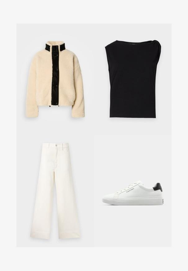Jachetă din fleece de culoare crem, cu panou frontal lucios negru, guler înalt și nasturi cu capsenă; prezintă o textură moale și un design scurt.; Top negru cu maneci scurte, fabricat dintr-un material neted. Prezintă un decolteu rotund și un detaliu drapat pe umăr. Design simplu, ajustat.; Pantaloni cu croi larg din bumbac bej deschis. Prezintă talie înaltă, buzunare frontale și croi drept. Terminare netedă a tivului, fără modele.; Tenisii albi cu un finisaj neted, cu accent pe toc negru și design cu șireturi. Prezintă branding-ul "Calvin Klein" pe lateral. Stil minimalist.